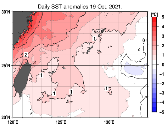沖縄周辺海域の海面水温平年差分布図（10月19日）
