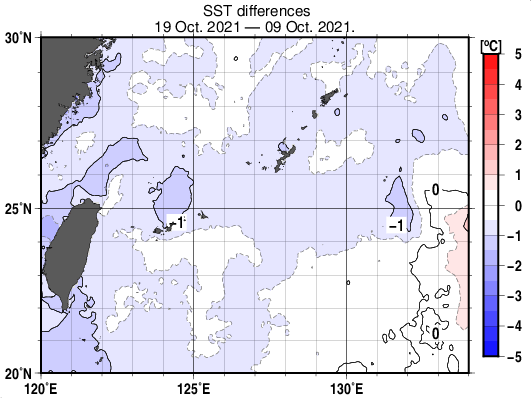 沖縄周辺海域の10日間の海面水温変化量分布図（10月19日）