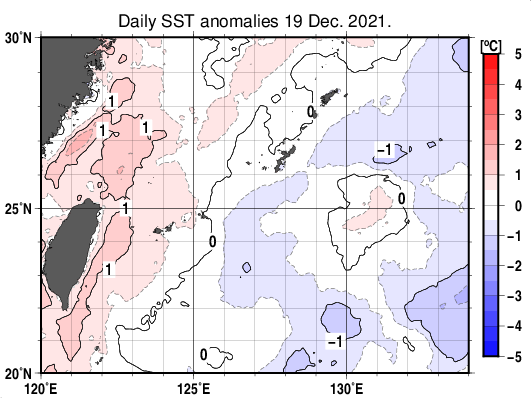沖縄周辺海域の海面水温平年差分布図（12月19日）