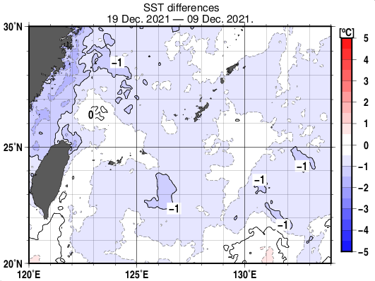 沖縄周辺海域の10日間の海面水温変化量分布図（12月19日）