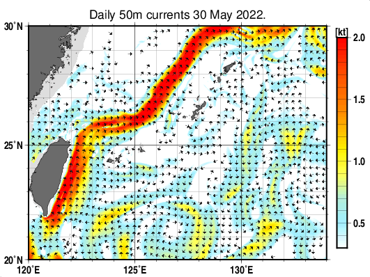 沖縄周辺海域の深さ50mの海流分布図（5月30日）