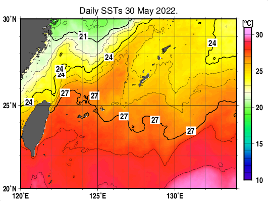 沖縄周辺海域の海面水温分布図（5月30日）
