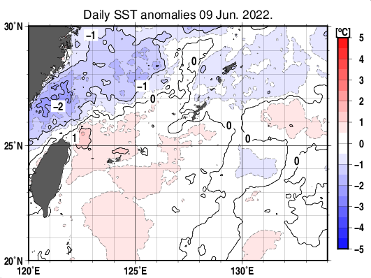 沖縄周辺海域の海面水温平年差分布図（6月9日）