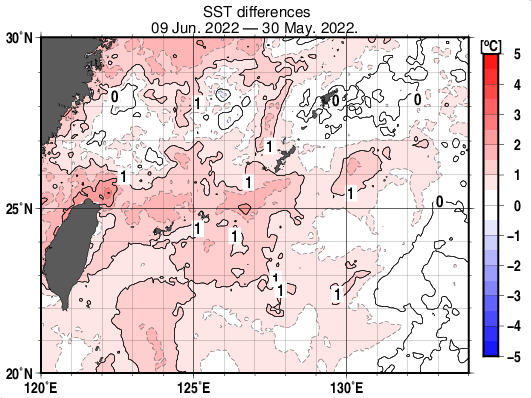 沖縄周辺海域の10日間の海面水温変化量分布図（6月9日）