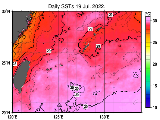 沖縄周辺海域の海面水温分布図（7月19日）