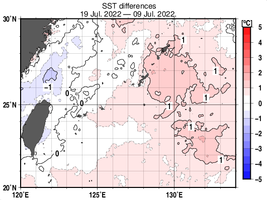 沖縄周辺海域の10日間の海面水温変化量分布図（7月19日）