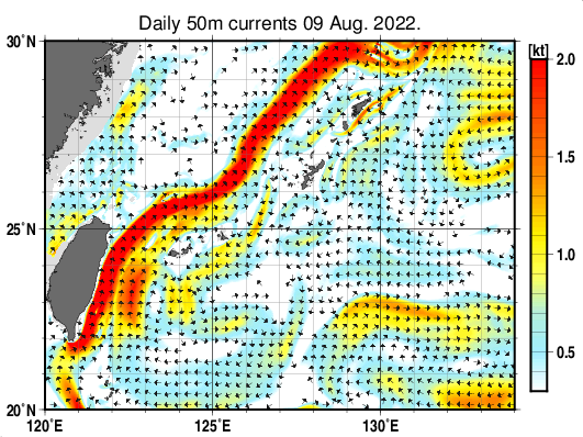 沖縄周辺海域の深さ50mの海流分布図（8月9日）