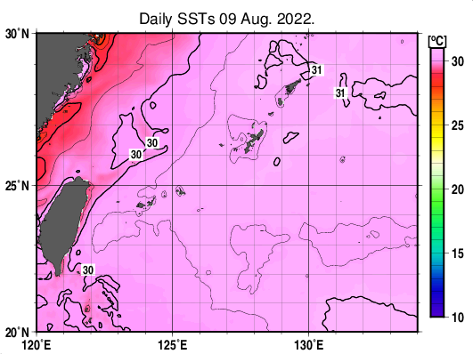 沖縄周辺海域の海面水温分布図（8月9日）