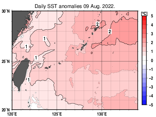 沖縄周辺海域の海面水温平年差分布図（8月9日）