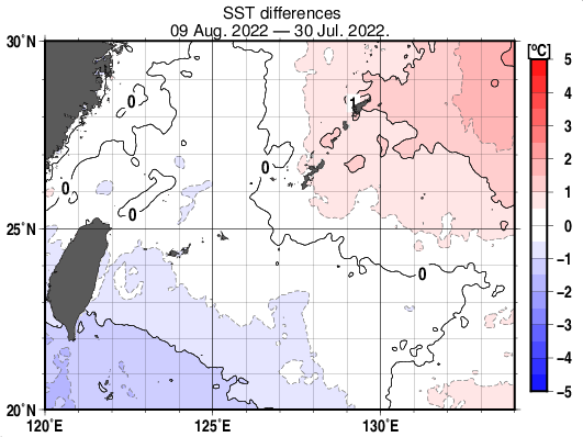沖縄周辺海域の10日間の海面水温変化量分布図（8月9日）