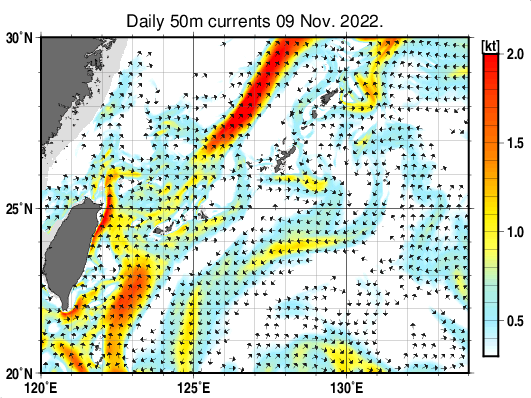 沖縄周辺海域の深さ50mの海流分布図（11月9日）