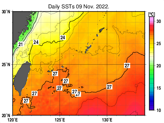 沖縄周辺海域の海面水温分布図（11月9日）