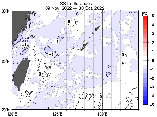 沖縄周辺海域の10日間の海面水温変化量分布図（11月9日）