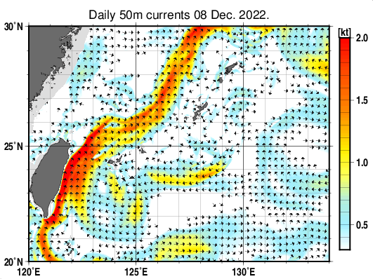 沖縄周辺海域の深さ50mの海流分布図（12月8日）