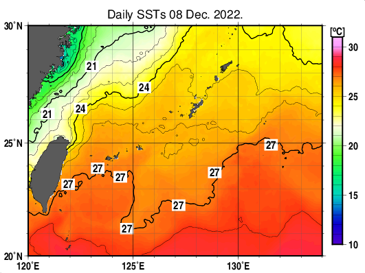 沖縄周辺海域の海面水温分布図（12月8日）