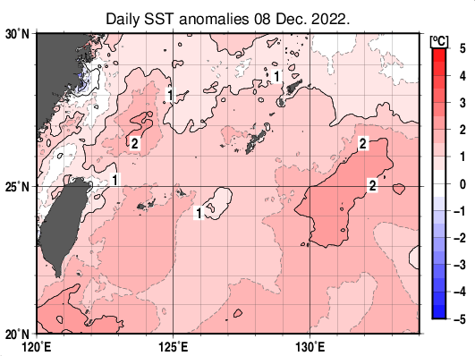 沖縄周辺海域の海面水温平年差分布図（12月8日）