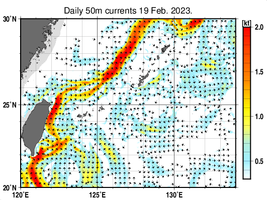沖縄周辺海域の深さ50mの海流分布図（2月19日）