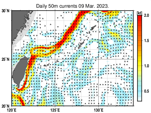 沖縄周辺海域の深さ50mの海流分布図（3月9日）