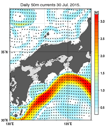 近畿・中国・四国周辺海域の深さ50mの海流分布図（7月30日）