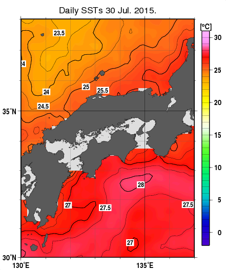 近畿・中国・四国周辺海域の海面水温分布図（7月30日）