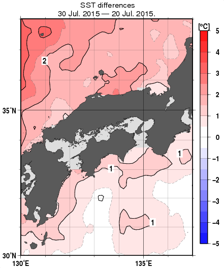 近畿・中国・四国周辺海域の10日間の海面水温変化量分布図（7月30日）