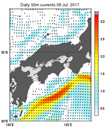 近畿・中国・四国周辺海域の深さ50mの海流分布図（7月9日）
