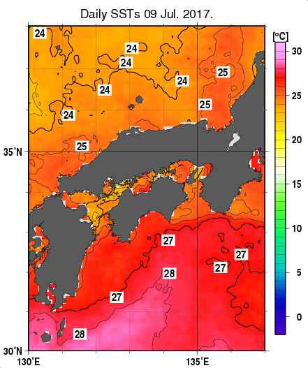 近畿・中国・四国周辺海域の海面水温分布図（7月9日）