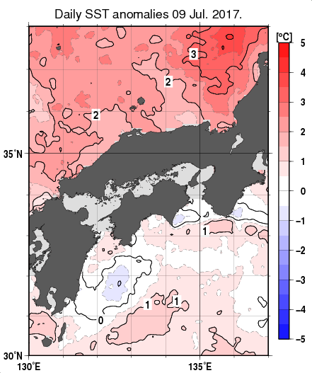 近畿・中国・四国周辺海域の海面水温平年差分布図（7月9日）