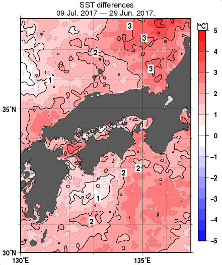 近畿・中国・四国周辺海域の10日間の海面水温変化量分布図（7月9日）