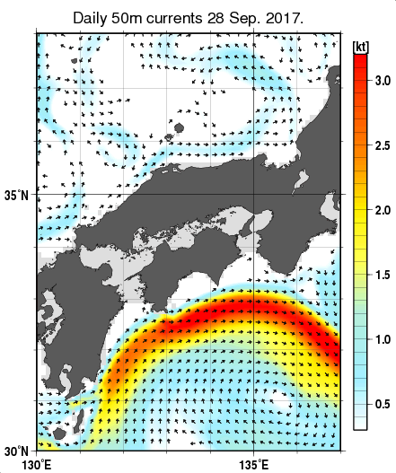 近畿・中国・四国周辺海域の深さ50mの海流分布図（9月28日）