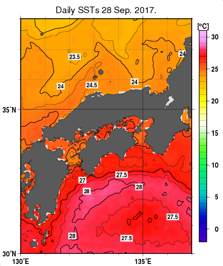 近畿・中国・四国周辺海域の海面水温分布図（9月28日）