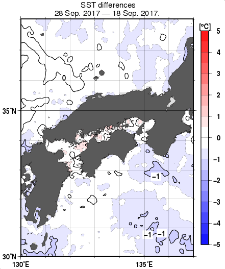 近畿・中国・四国周辺海域の10日間の海面水温変化量分布図（9月28日）