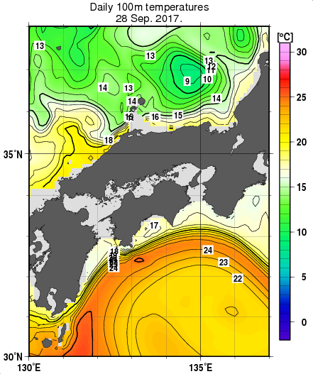 近畿・中国・四国周辺海域の深さ100mの水温分布図（9月28日）