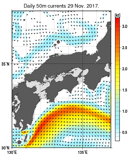 近畿・中国・四国周辺海域の深さ50mの海流分布図（11月29日）