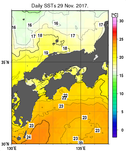 近畿・中国・四国周辺海域の海面水温分布図（11月29日）
