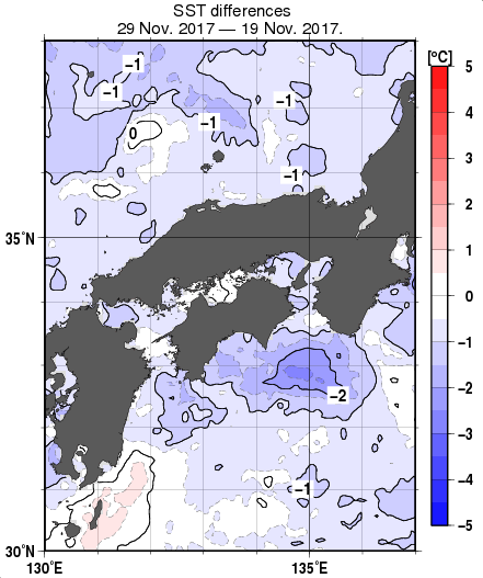 近畿・中国・四国周辺海域の10日間の海面水温変化量分布図（11月29日）