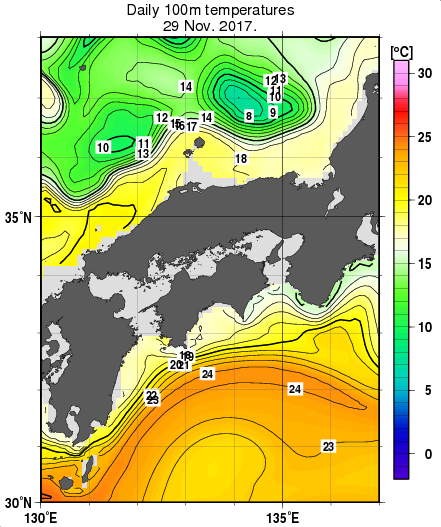 近畿・中国・四国周辺海域の深さ100mの水温分布図（11月29日）