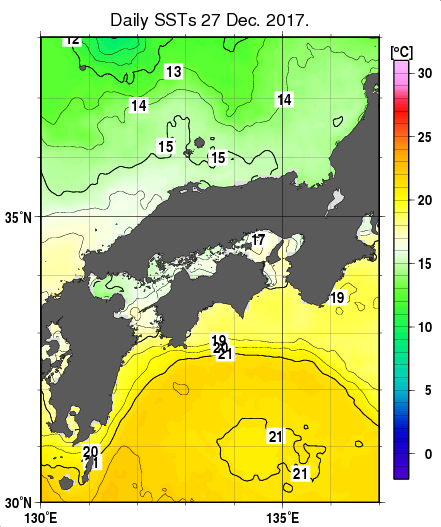 近畿・中国・四国周辺海域の海面水温分布図（12月27日）