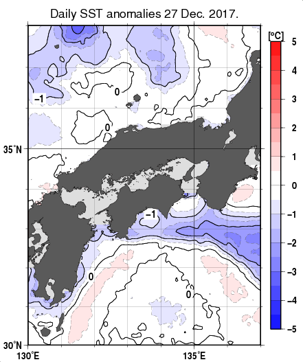 近畿・中国・四国周辺海域の海面水温平年差分布図（12月27日）