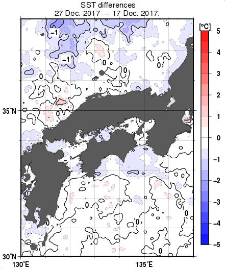 近畿・中国・四国周辺海域の10日間の海面水温変化量分布図（12月27日）