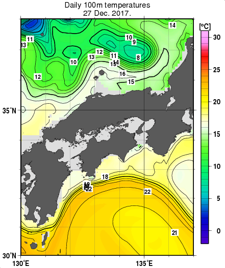 近畿・中国・四国周辺海域の深さ100mの水温分布図（12月27日）