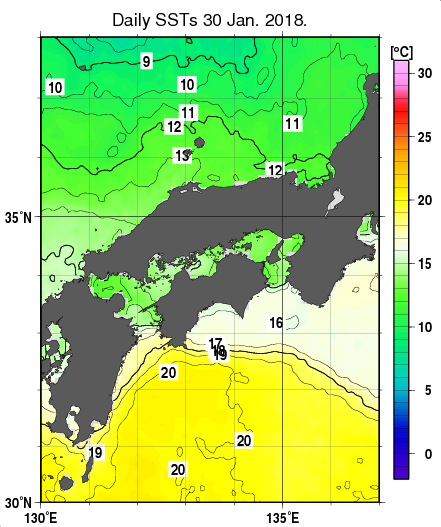 近畿・中国・四国周辺海域の海面水温分布図（1月30日）