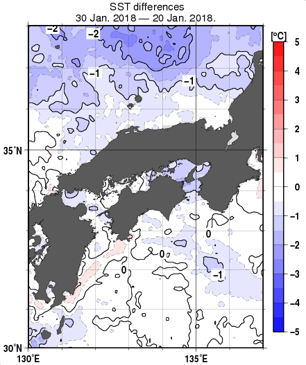 近畿・中国・四国周辺海域の10日間の海面水温変化量分布図（1月30日）
