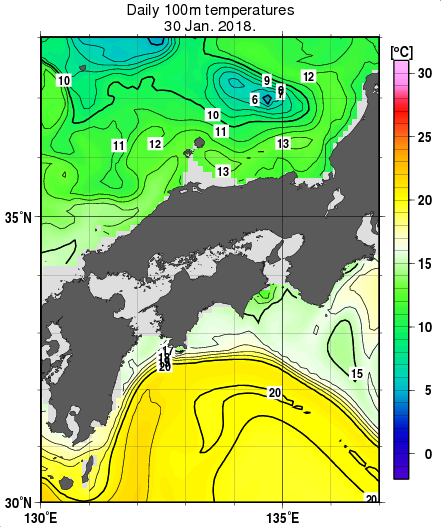 近畿・中国・四国周辺海域の深さ100mの水温分布図（1月30日）