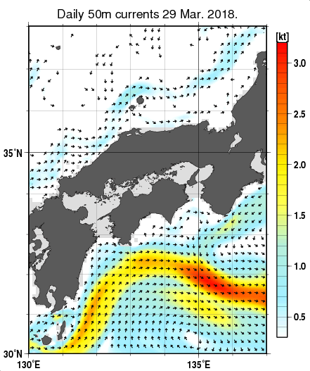 近畿・中国・四国周辺海域の深さ50mの海流分布図（3月29日）