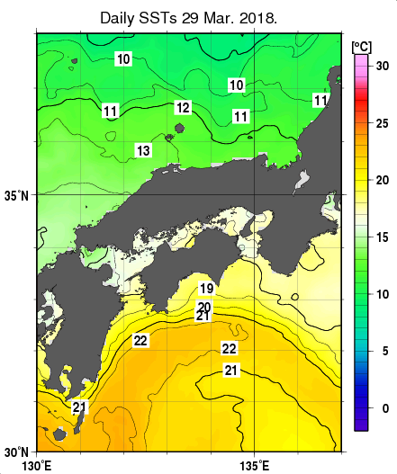 近畿・中国・四国周辺海域の海面水温分布図（3月29日）