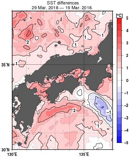 近畿・中国・四国周辺海域の10日間の海面水温変化量分布図（3月29日）