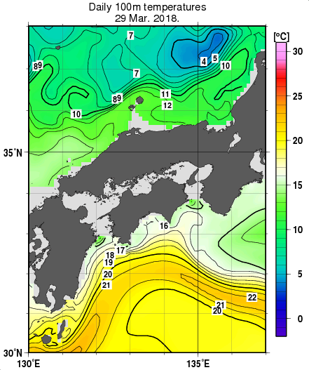 近畿・中国・四国周辺海域の深さ100mの水温分布図（3月29日）