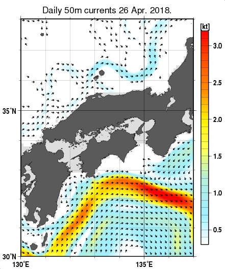 近畿・中国・四国周辺海域の深さ50mの海流分布図（4月26日）