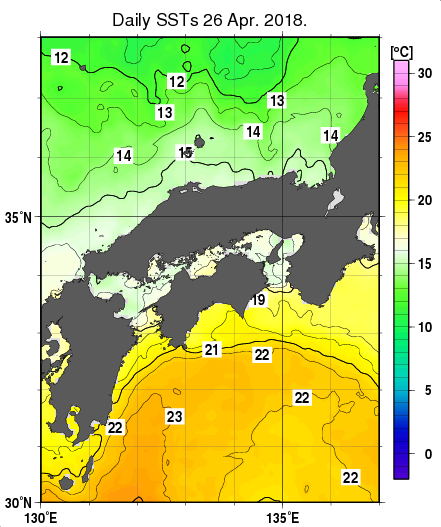 近畿・中国・四国周辺海域の海面水温分布図（4月26日）